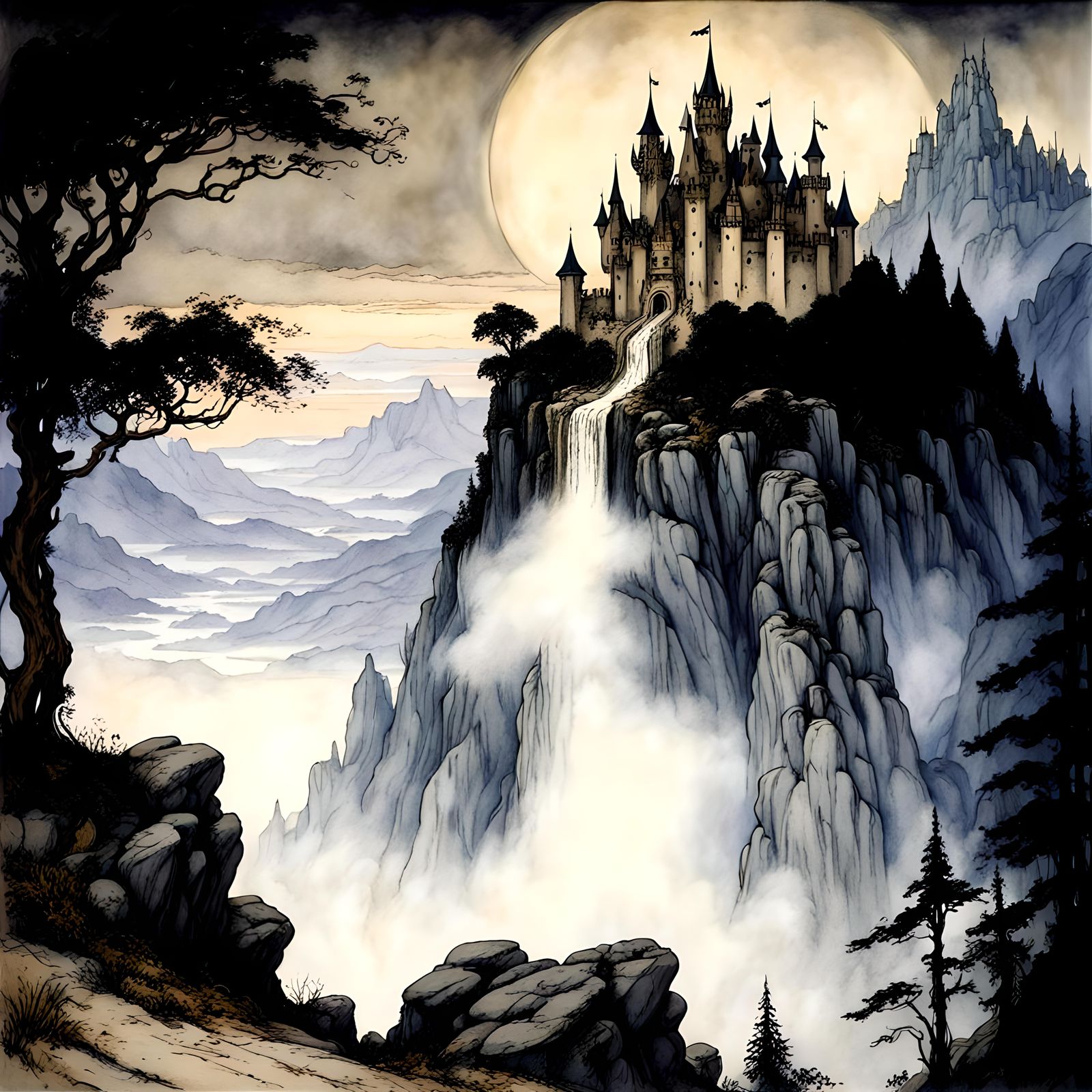 Beautiful epic magnificent fantasy fairy castle, mountains, ...