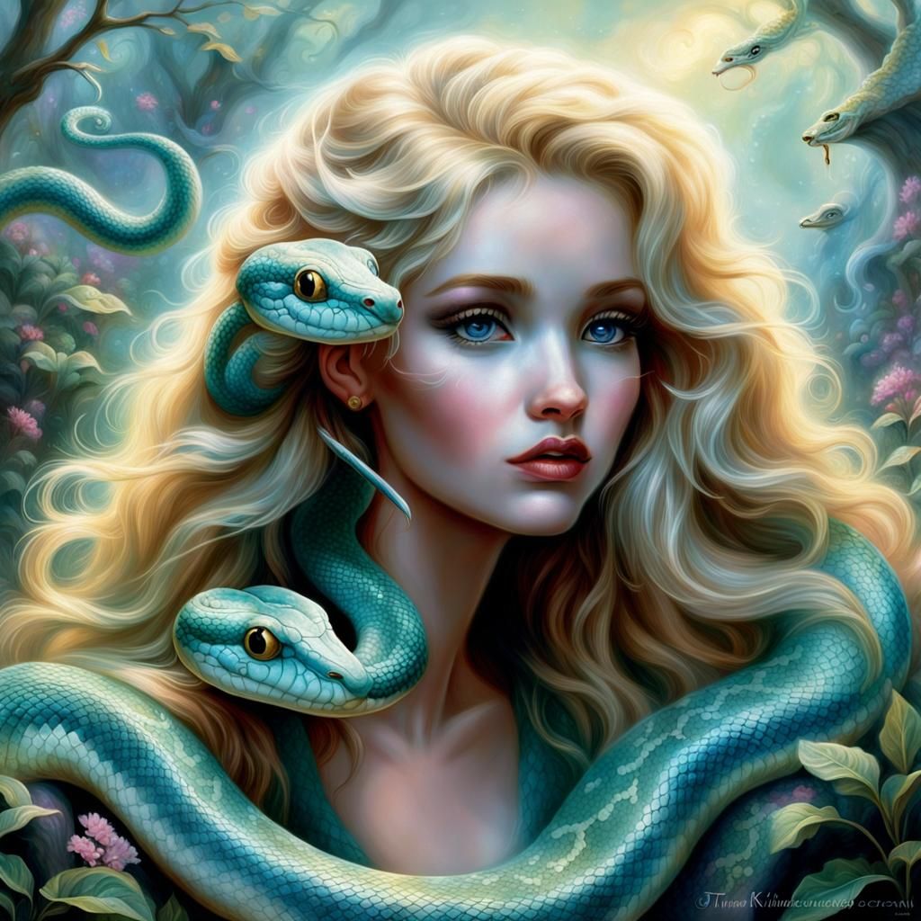 fluffy textured snake flirty and made up, with long blonde h...