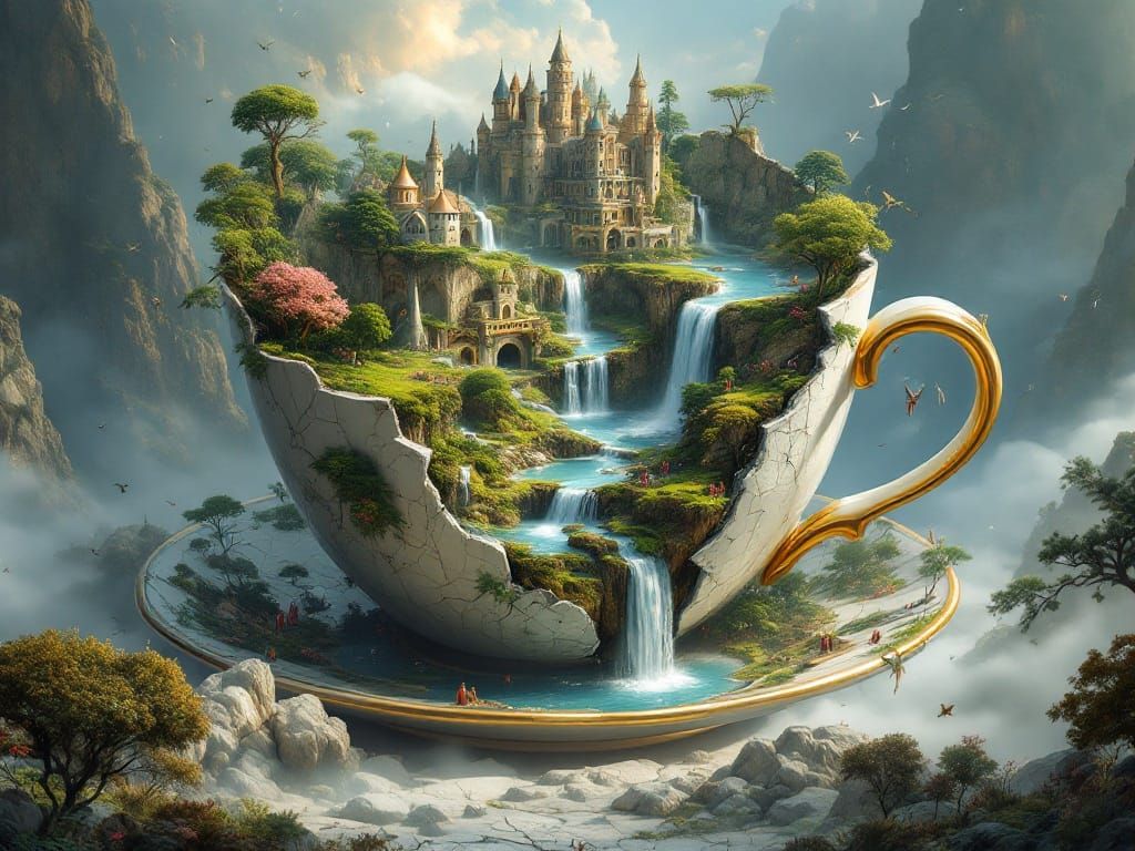 A colossal broken teacup with cracked and broken sides containing a fantasy wonderland kingdom of multiple ...  by @Kindly Offer