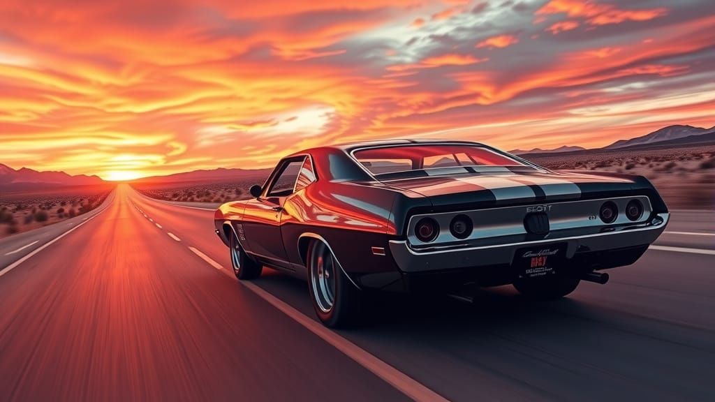 A pin-striped vintage muscle car speeding across a desert road at sunset with chrome shine (03)