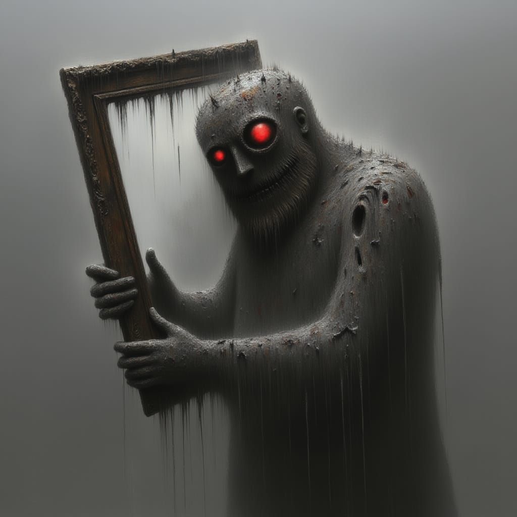  <lora:Chiaroscuro Dystopia:1.3> A zombie with red eyes holding up an old mirror, in the style of digital art, with a dark and gritty horror...