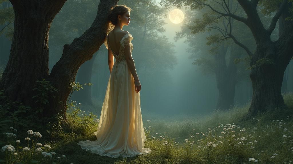 Enchanted Forest: Woman in Moonlight, Pre-Raphaelite Style