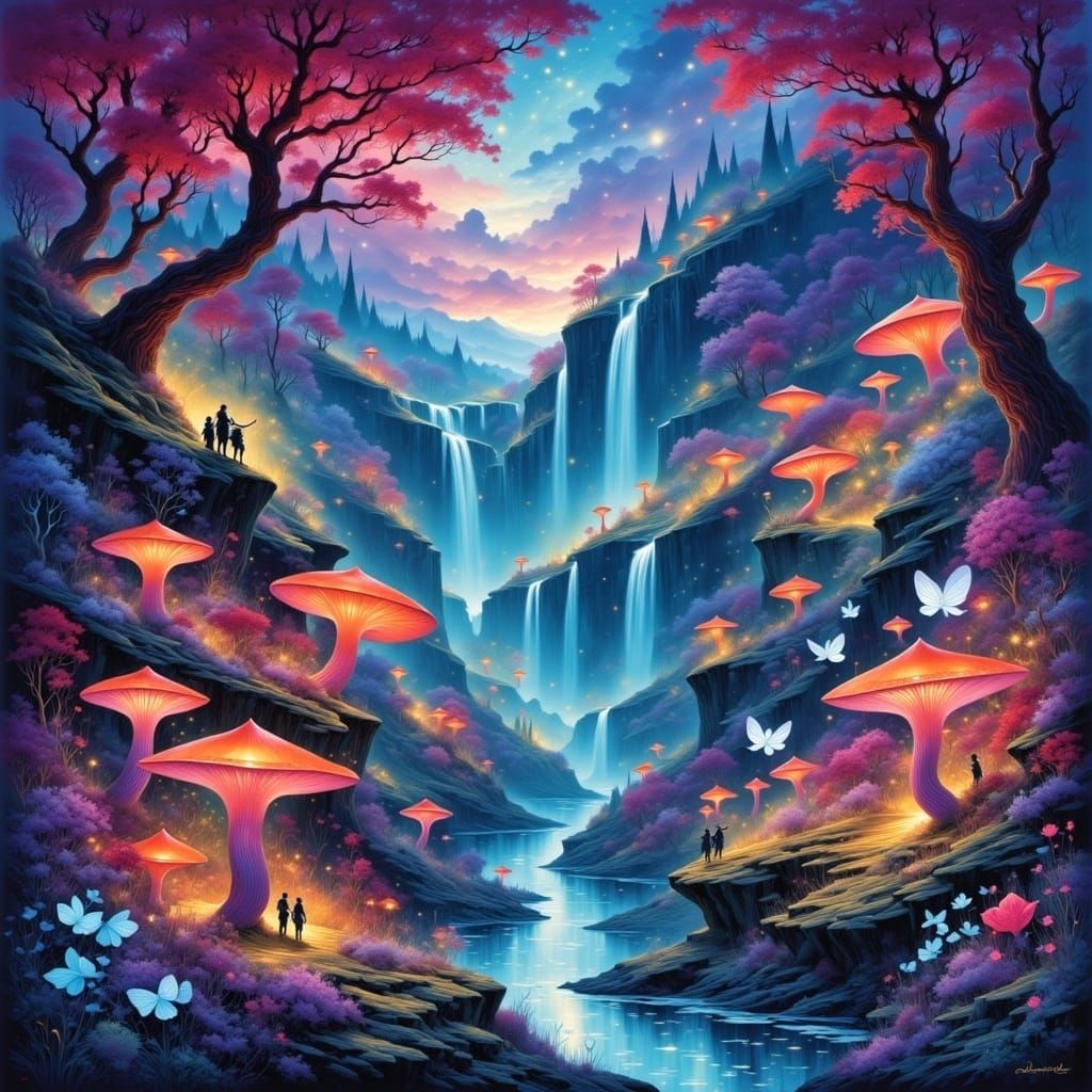 <lora:EpicFlux:1.0> Epic bioluminescent fantasy with flying pixies