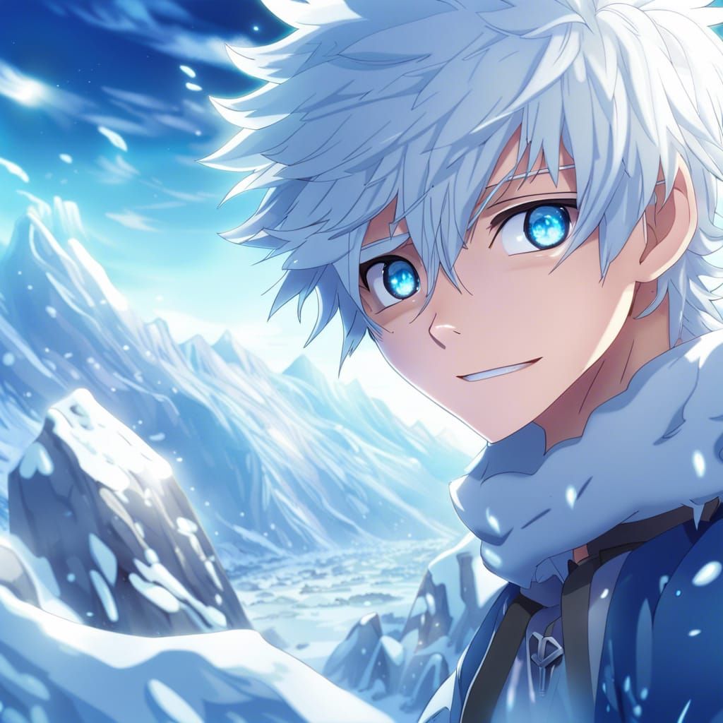 An teenage anime boy with white frosty hair, glowing blue eyes, a