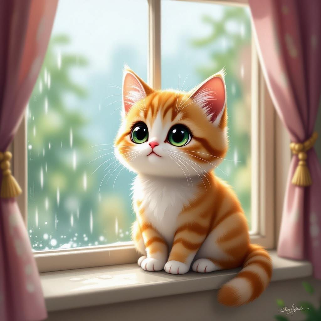 Charming Cat Watching Rain in Storybook Style