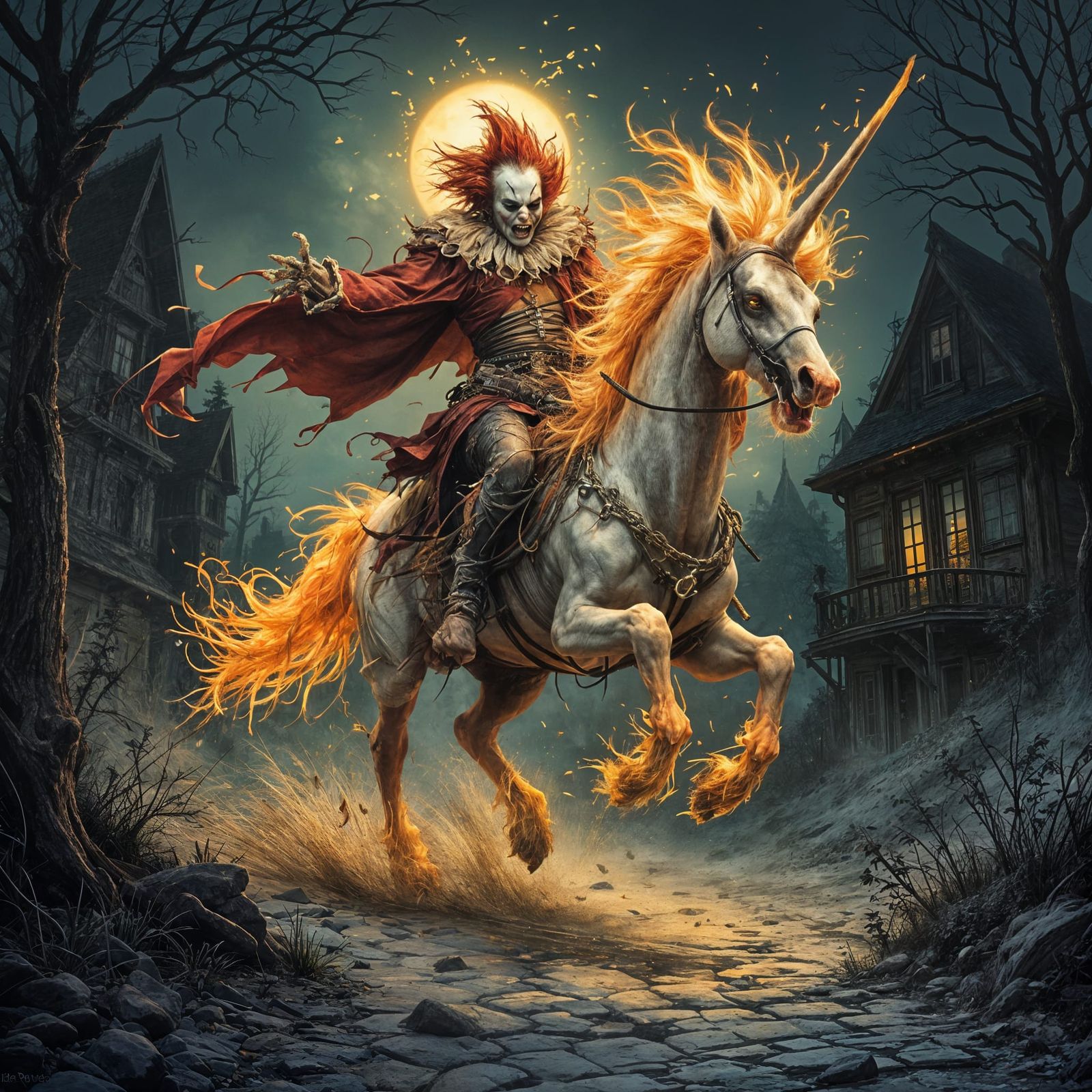 Fugazi the undead clown riding his flaming zombie unicorn.  by @ShclasH
