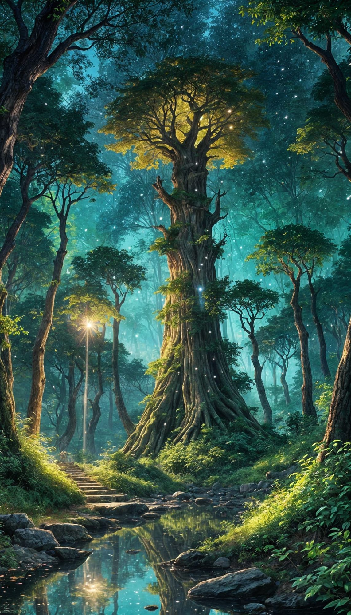 A 2.5D anime wallpaper showcasing a lush, vibrant forest. Towering ancient trees reach towards the sky, their leaves casting dappled shadows...