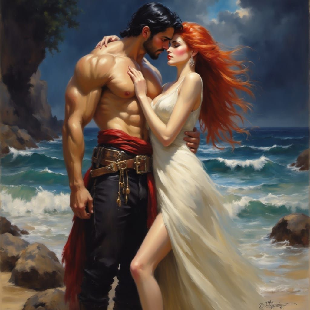 <lora:Romance novel cover:1.0> of muscular dark haired 17th century pirate embracing a lovely woman with flowing red hair, standing on a bea...
