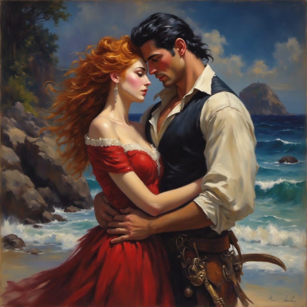 <lora:Romance novel cover:1.0> of muscular dark haired 17th century pirate embracing a lovely woman with flowing red hair, standing on a bea...