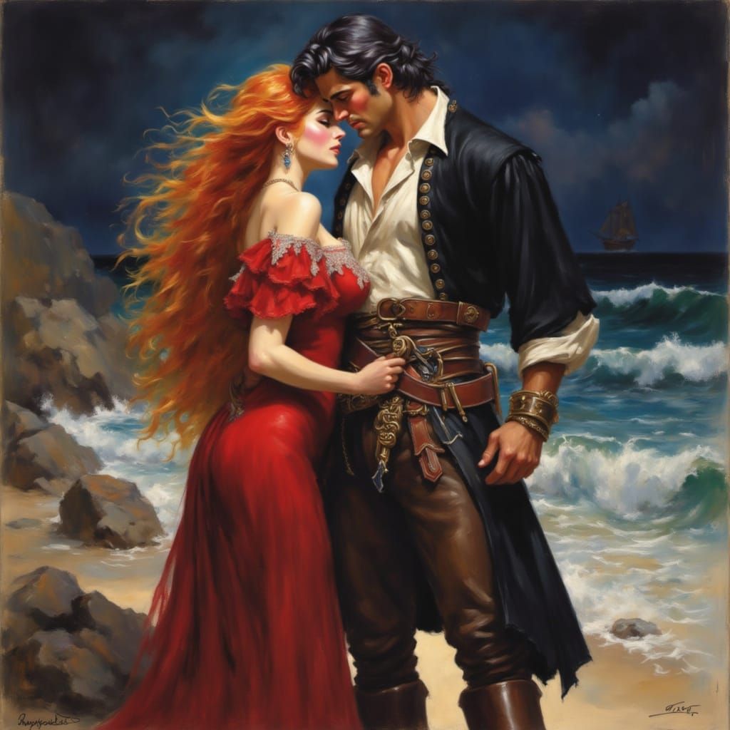 <lora:Romance novel cover:1.0> of muscular dark haired 17th century pirate embracing a lovely woman with flowing red hair, standing on a bea...