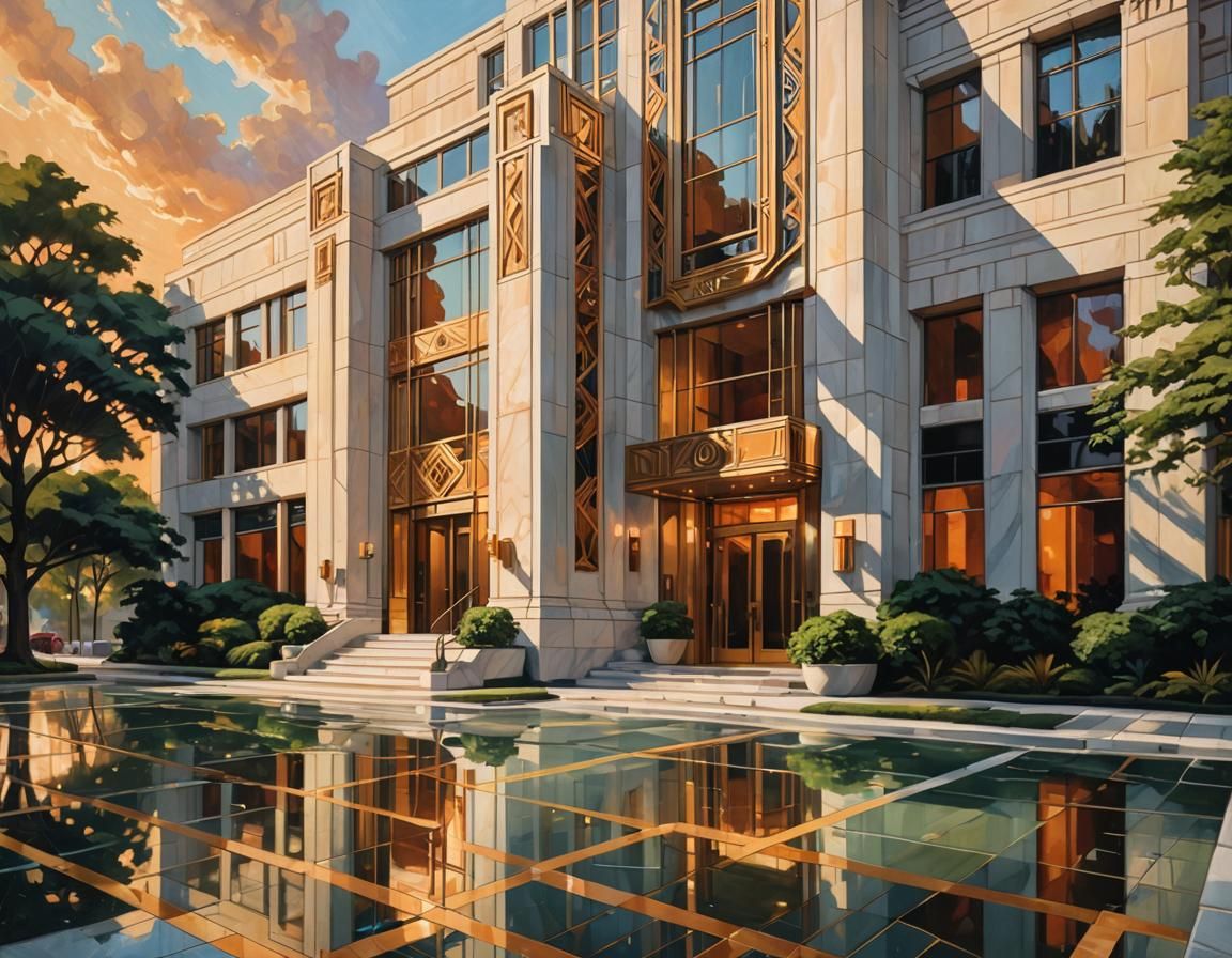 A sleek building exterior featuring geometric shapes, bold lines, and