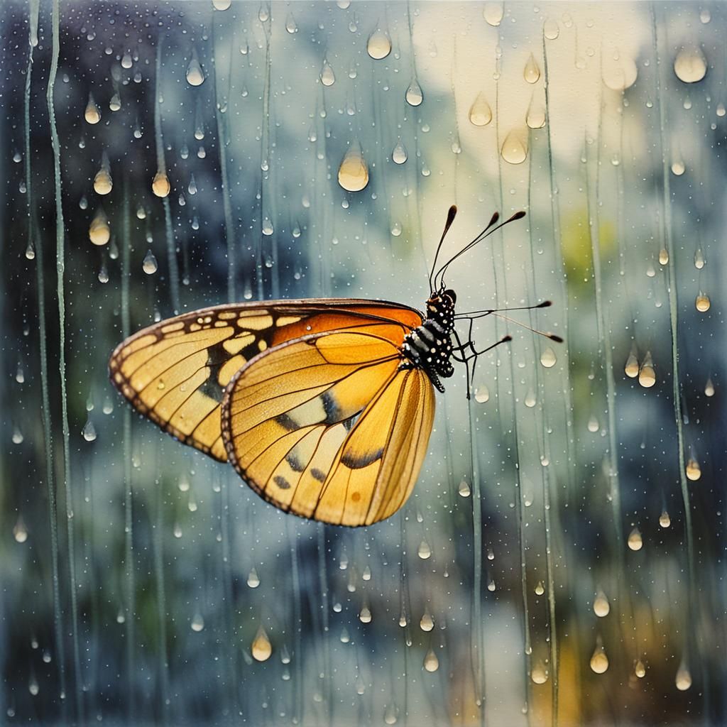 Rainy Dayscape with Butterfly in Watercolor Style