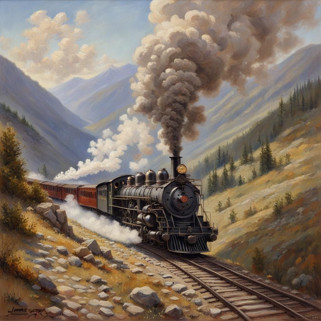 A Steam Train Blowing Smoke As It Travels Through The Mountains Oil   UPpAuN1wcecWjO1jr0JT  1  79jwq 