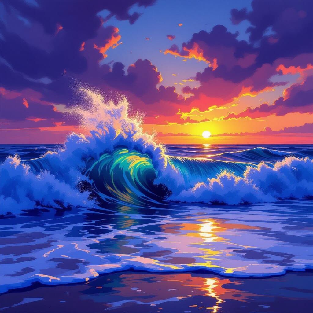 Dramatic Ocean Wave Crashing at Sunset