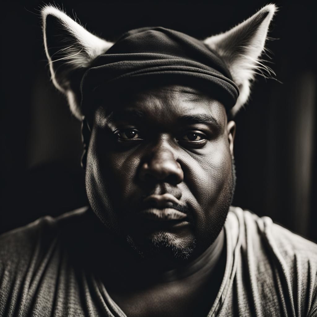 fat black man with cat ears *b&w portrait* - AI Generated Artwork -  NightCafe Creator