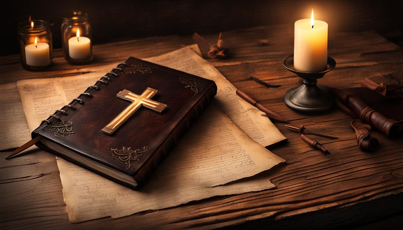 Vintage leatherbound journal on a rustic wooden table, pages open to