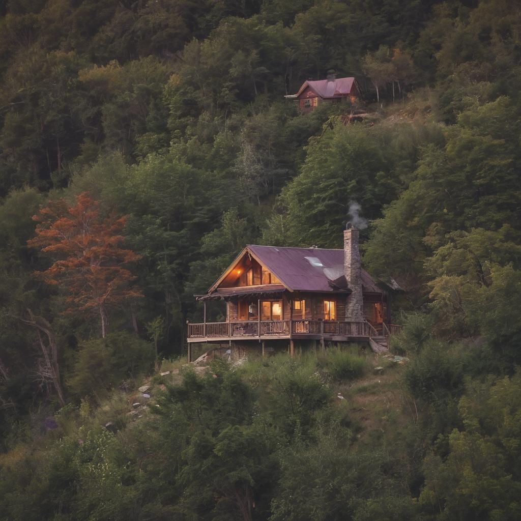 A captivating cinematic shot of a secluded wooden cabin perc...