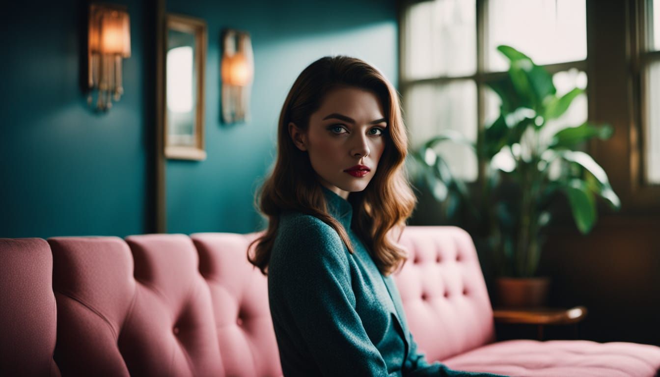 Confident Woman in Retro Living Room