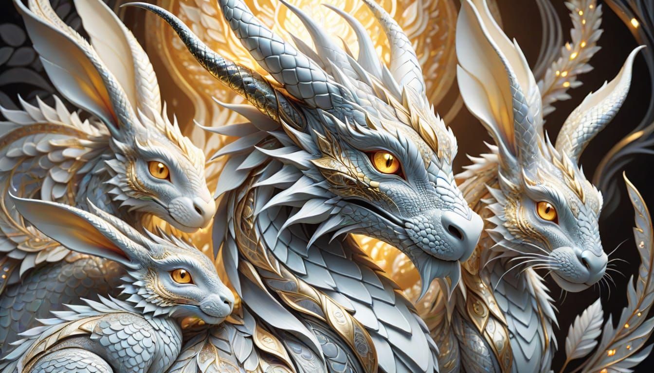 Silver Dragon with Bunnies in Zentangle Style