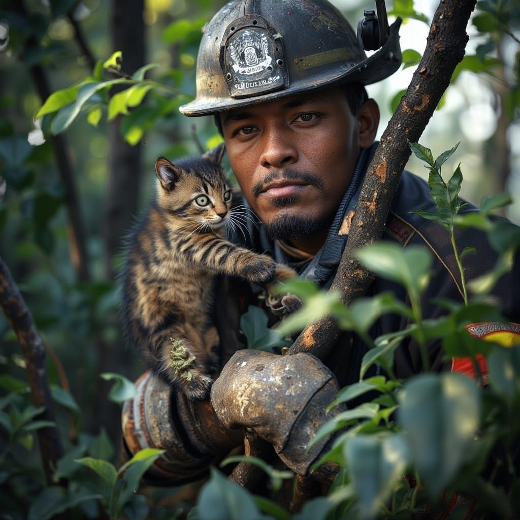 <lora:MJ6 EverydayFlux:1.0> A Hispanic firefighter rescuing a kitten from a tree, canon lens, shot on dslr, 64 megapixels, sharp focus, hyp...