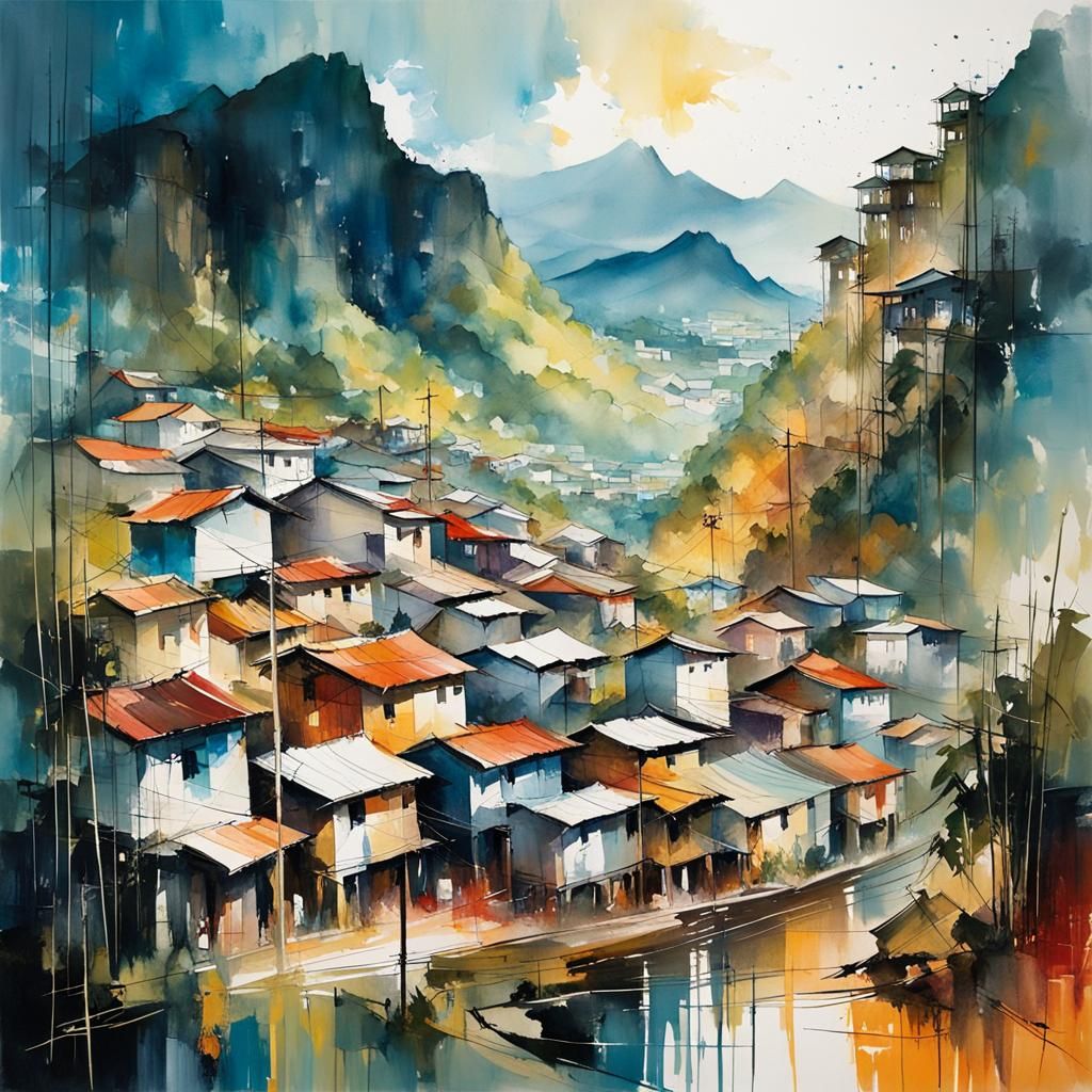 A painting of a streetview of an urban town in the foothills...