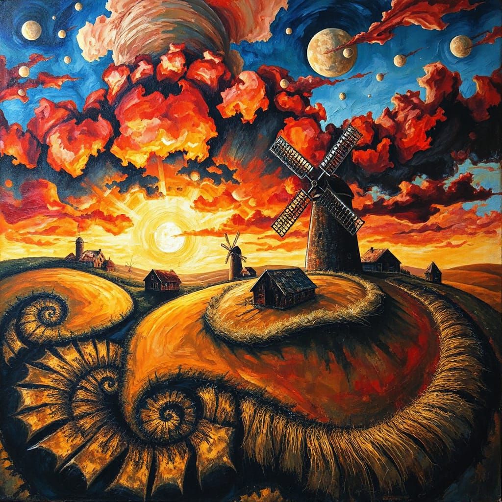 A whimsical windmill village unfurls across rolling, sunlit fields

Fervent Expressionist-Abstract Fractal ...  by @Kosh