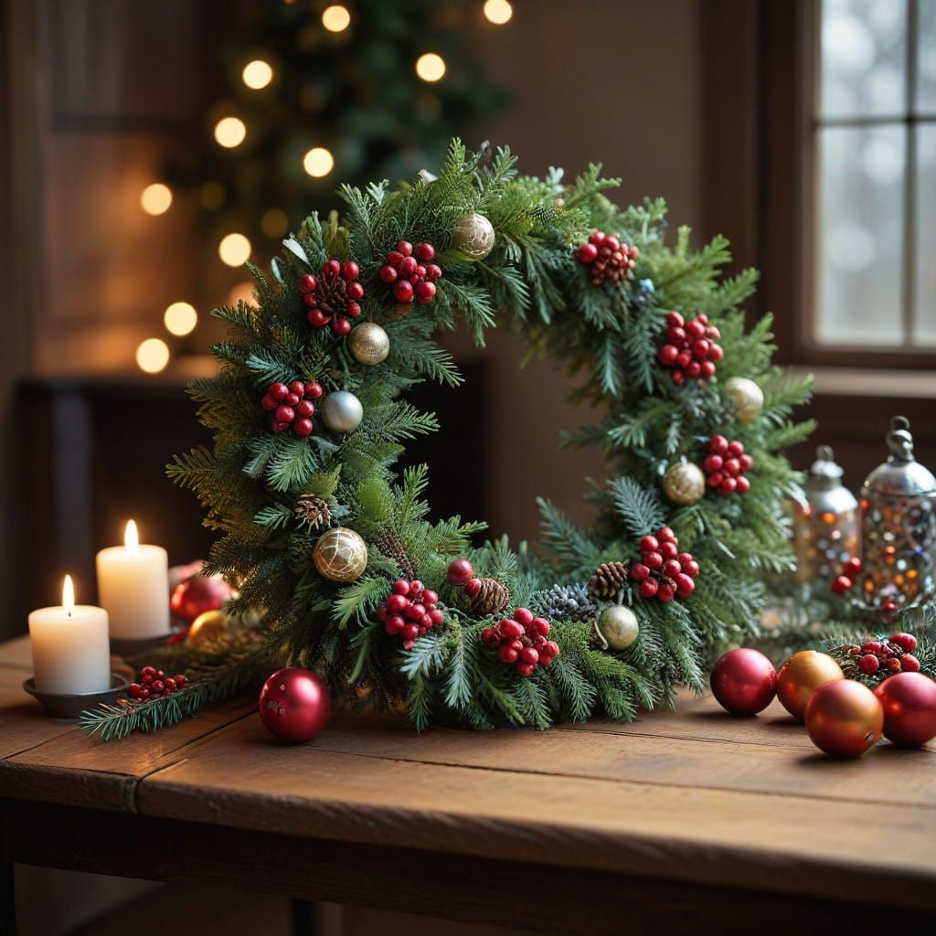 On a wooden table lies a New Year's wreath made of fir branches, with pickles, New Year's tree toys and ribbons 