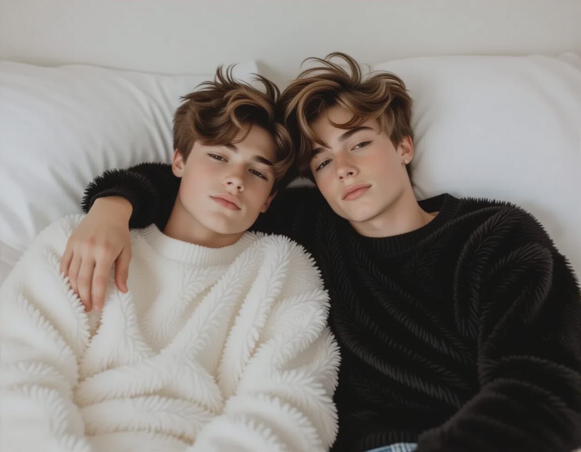 two cute emo gay boys in fluffy plush shirt laying on a bed, the one of them is slim and week and he is wearing fluffy top, furr (older then...