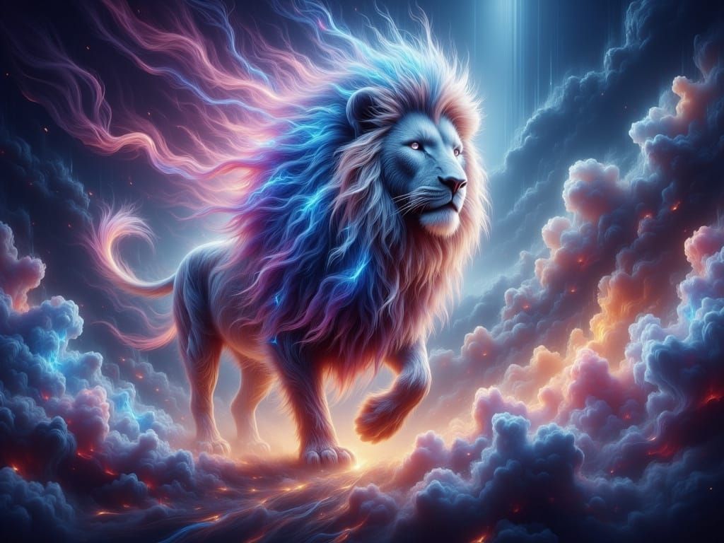 Ethereal Ghost Lion. Colorful colorsplash, <lora:Ethereal Magic Flux:1.0> <lora:-Omnious-:2.0>