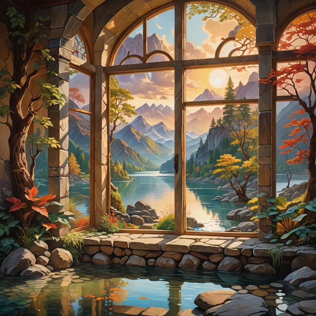 A serene view from a cozy room, framed by open windows adorned with greenery, revealing a stunning mountain and lake landscape bathed in war...