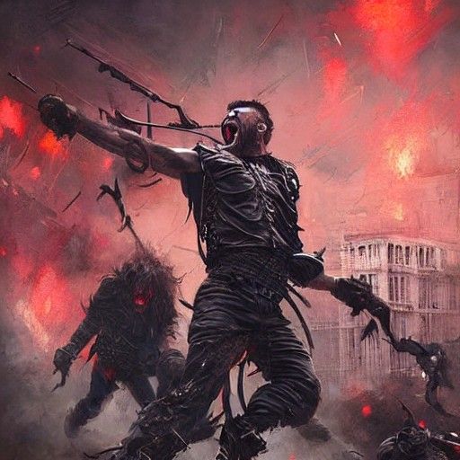 urban warrior man screaming in anger at the city red siniste...