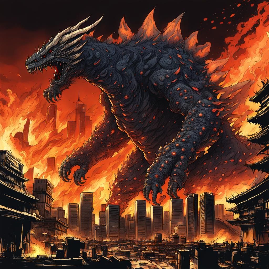 dragon-ish kaiju walking over burning tokyo - AI Generated Artwork ...