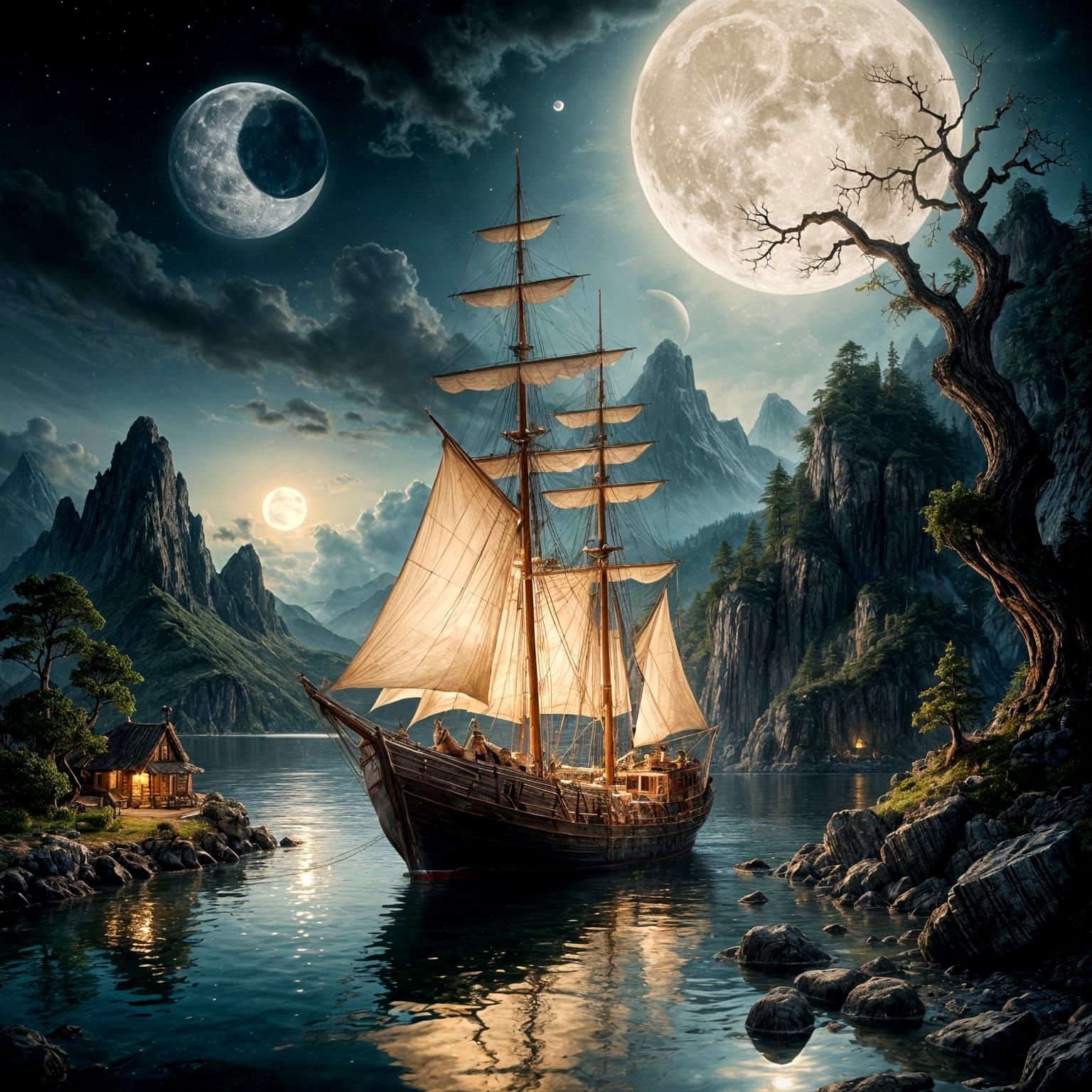 A 19th-Century Sailing Vessel Anchors Under a Full Moon