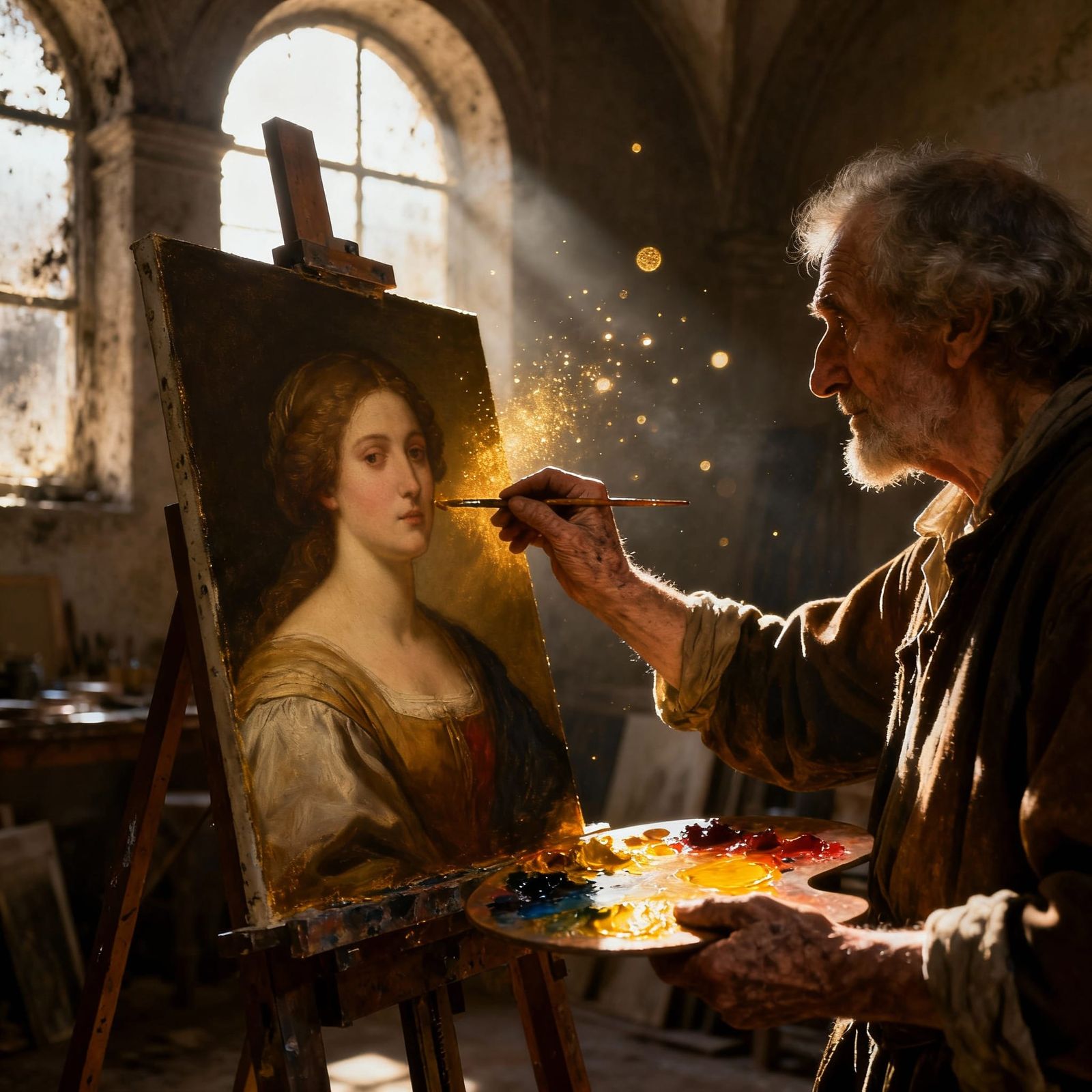 A dimly lit Renaissance workshop where an old painter adds the final brushstroke to his greatest work, ...  by @Xykko