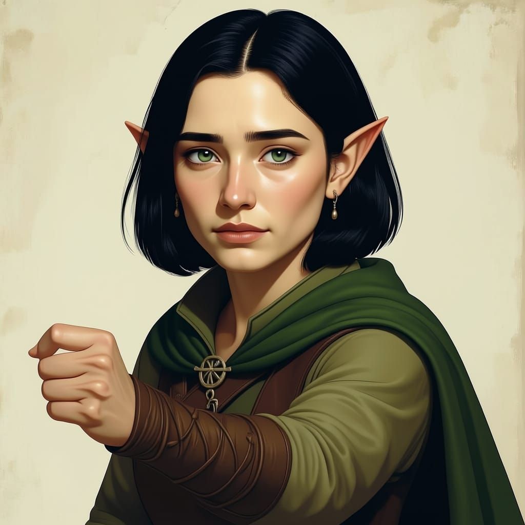 A very thin, homely, short black haired, green eyed, lord of the rings elf, with a large, broad nose, very thin lips, with a bow for a weapo...