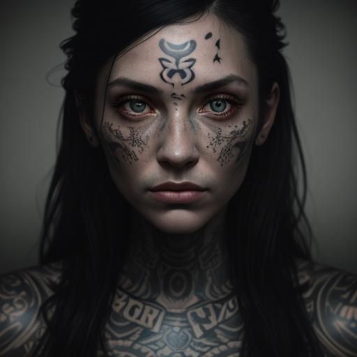 mugshot of a girl who has a bunch of tattoos
