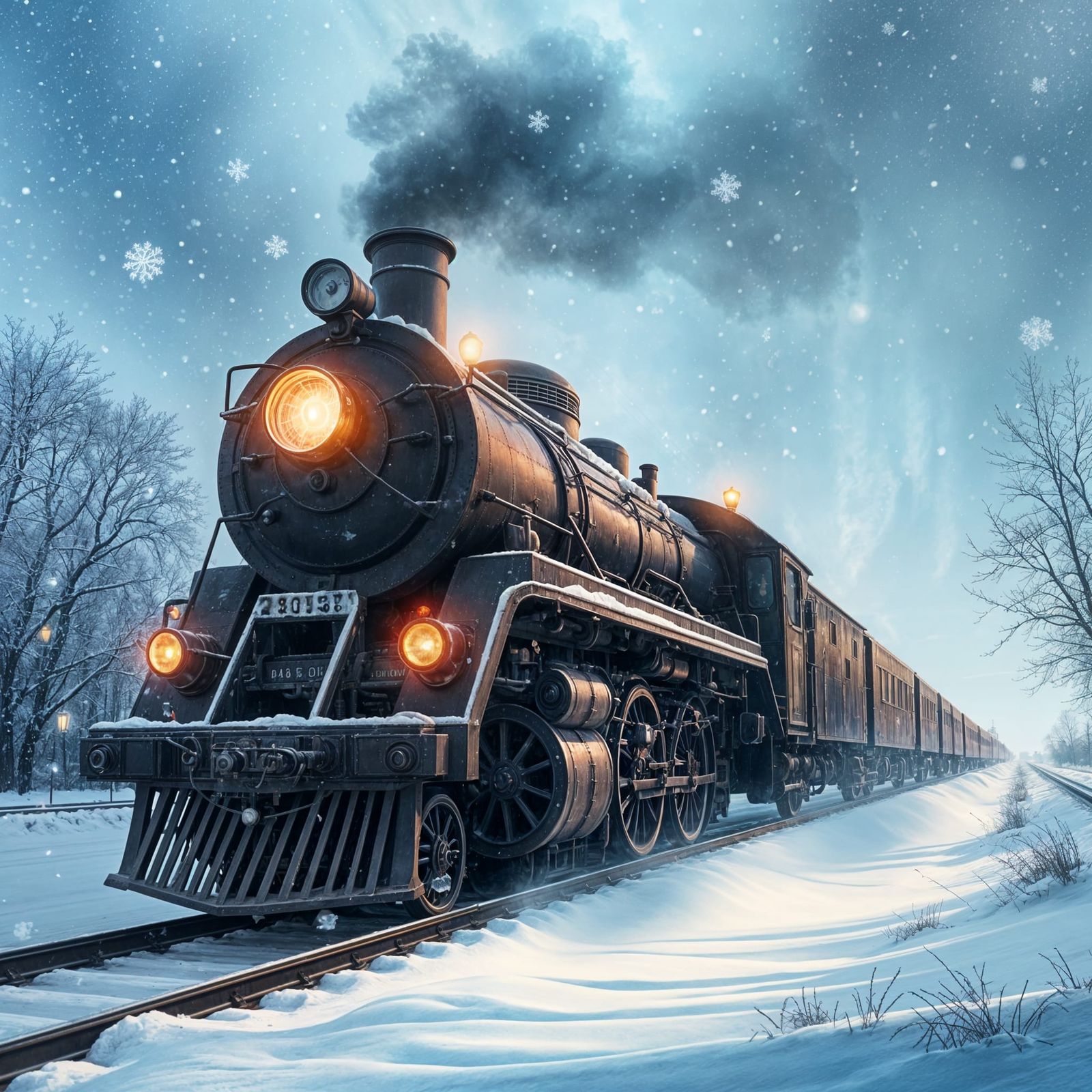 Rusty Train in Snowstorm Overlay, Detailed Illustration Styl...