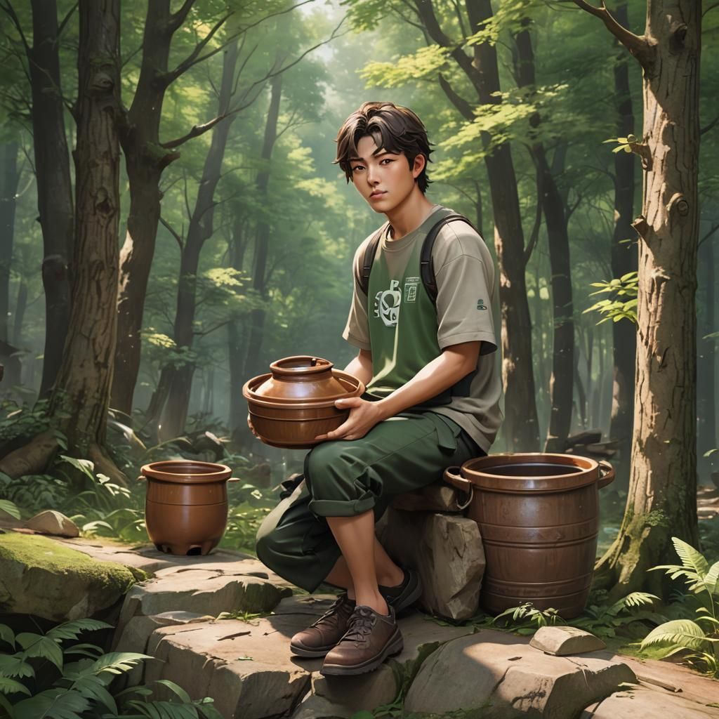masterpiece, distinct, highres, one huge brown korean cerami...