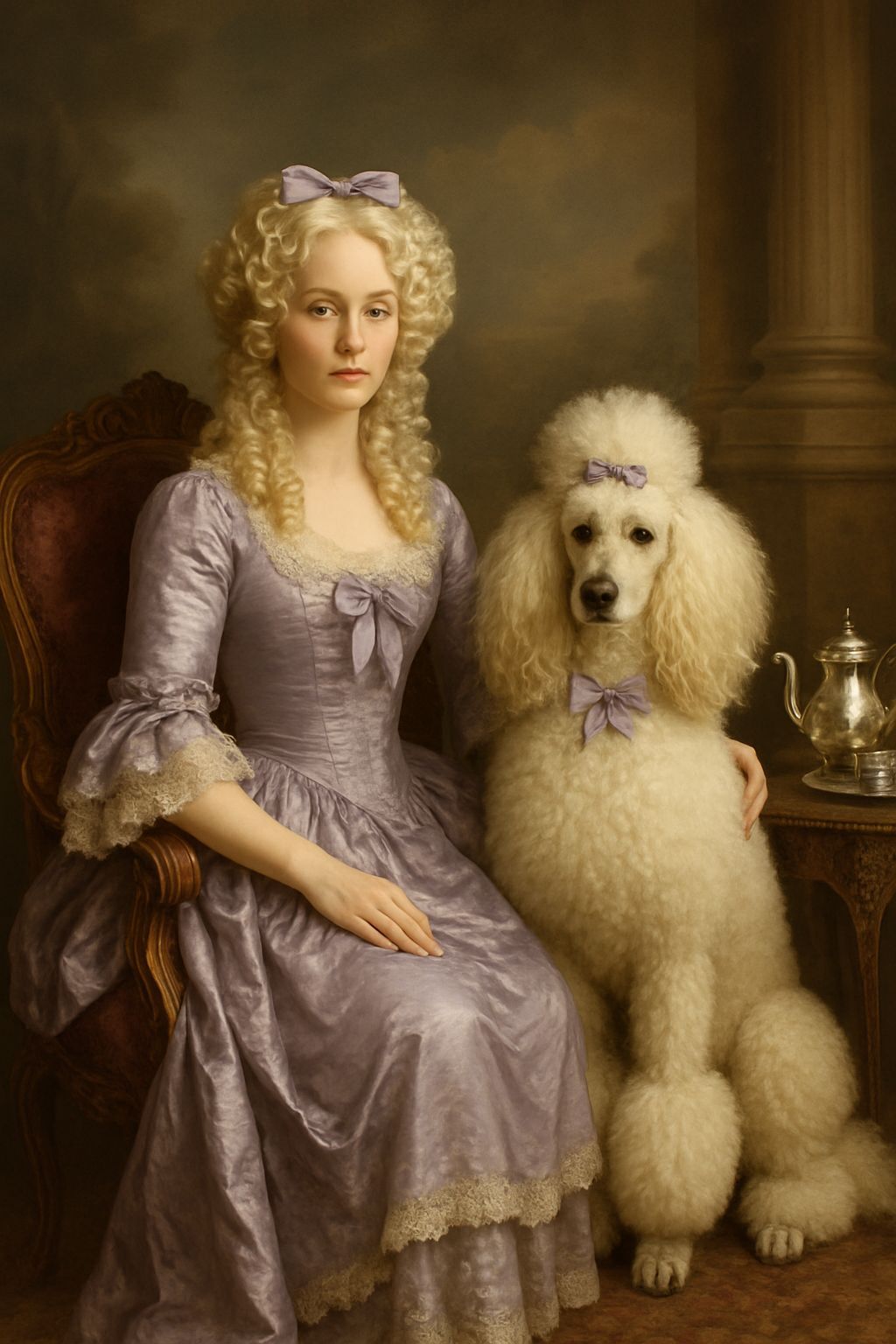 Victorian Aristocrat and Poodle in Silk Gown