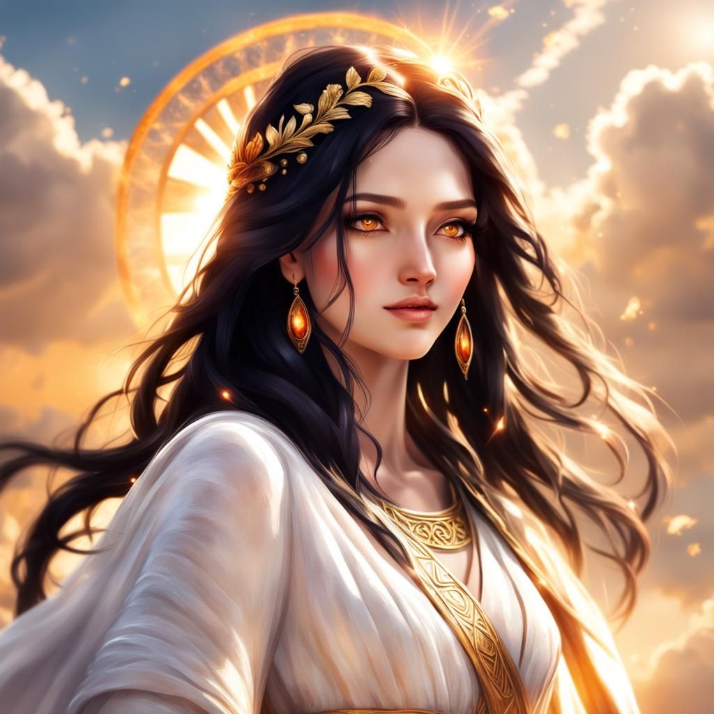 Woman, long black hair, fair skin, ancient greek clothes, fa...