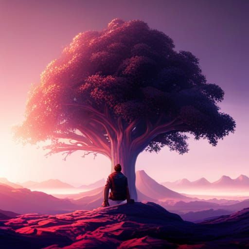 man under a tree looking at mountains - AI Generated Artwork ...