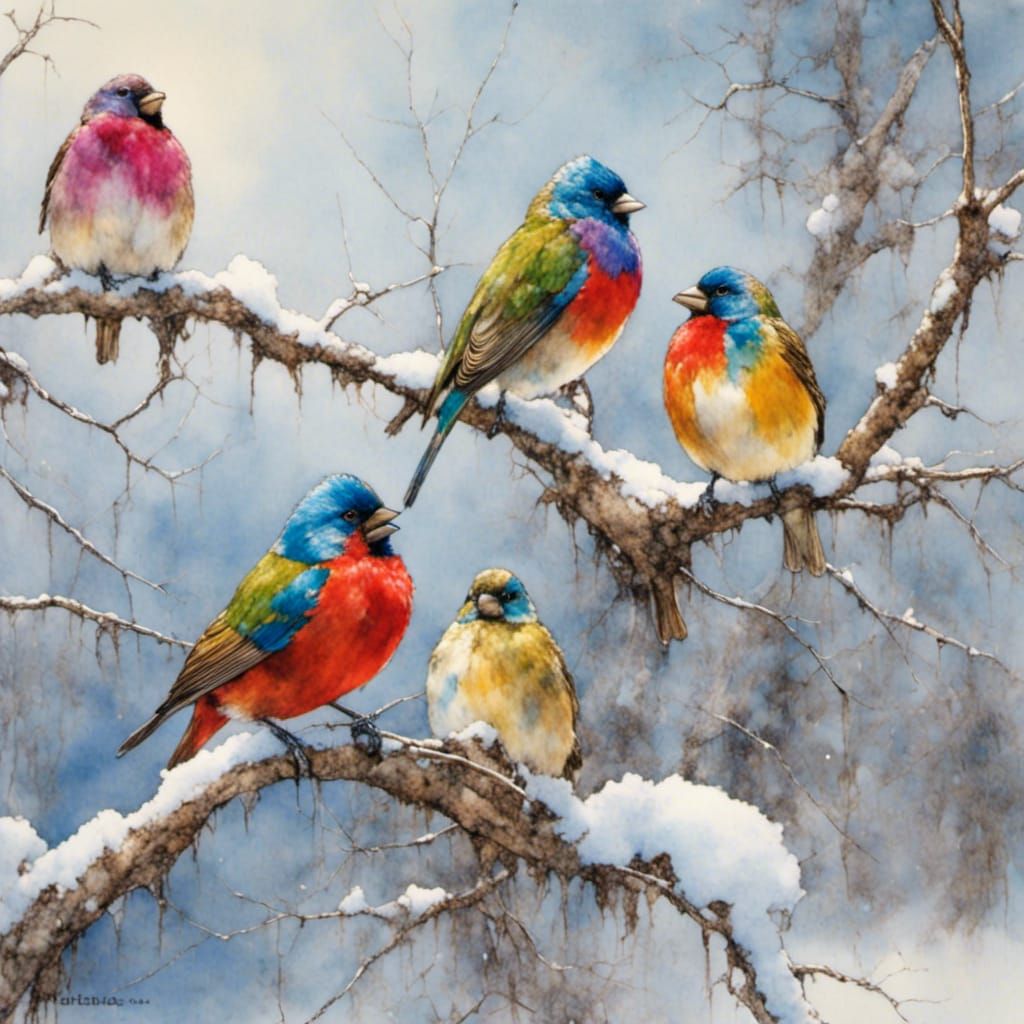 painted buntings perched on a snow covered tree limb