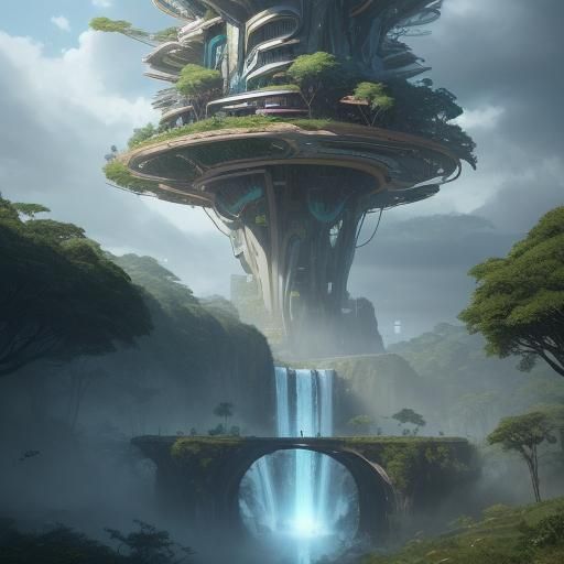 Create a futuristic scene in anime style featuring flying trains traversing through towering futuristic towers. Imagine ...