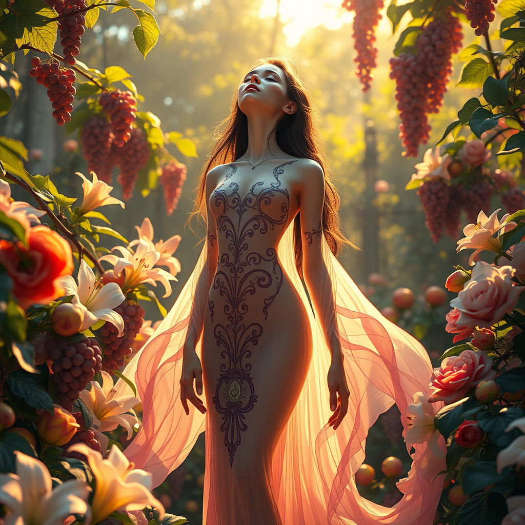 Ethereal Woman in Surreal Garden, Hyperrealistic Art