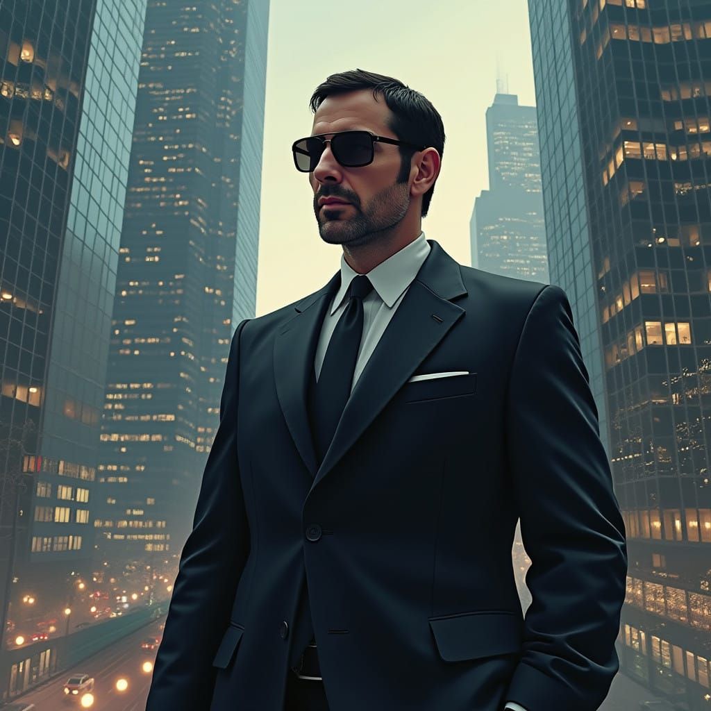 Confident Futuristic Figure in Modern Skyscraper Landscape