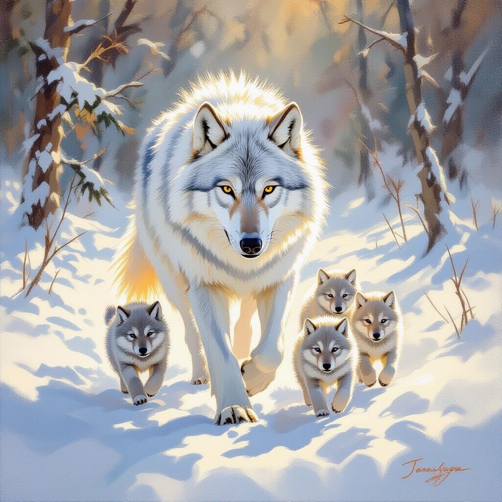 White Wolf Leads Pups Across Snowy Expanse