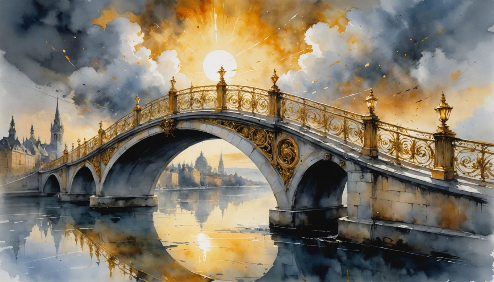 Golden Bent Bridge in Dreamy, Romantic Clouds, Fine-Tuned Wa...