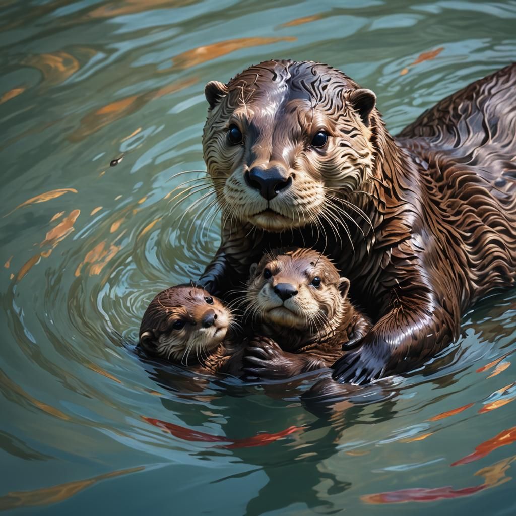 Mother otter holding baby otter floating in the water   by @Feebleeona