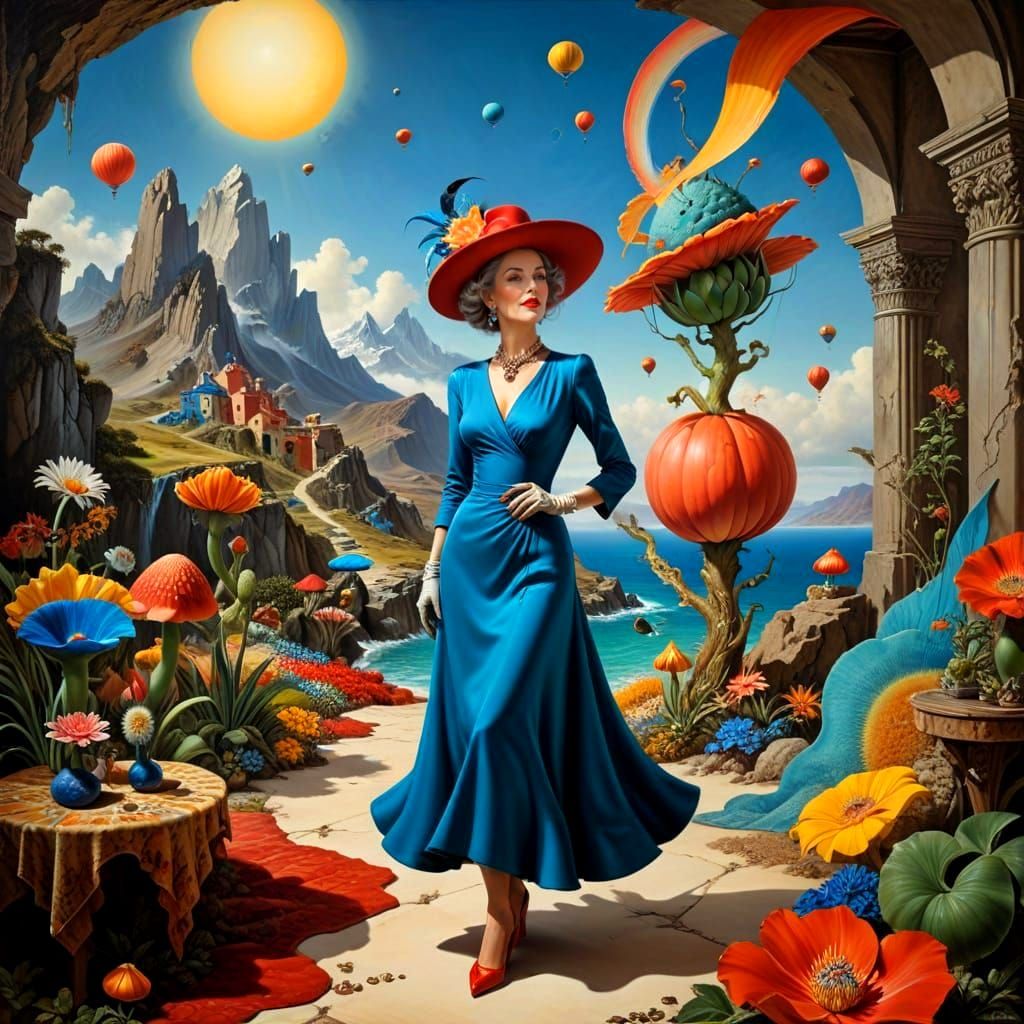 Surreal Portrait of a Happy Mature Lady in Exotic Landscape