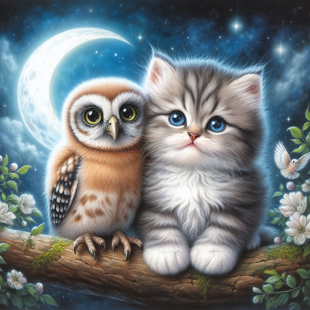 kitten and baby owl. moon